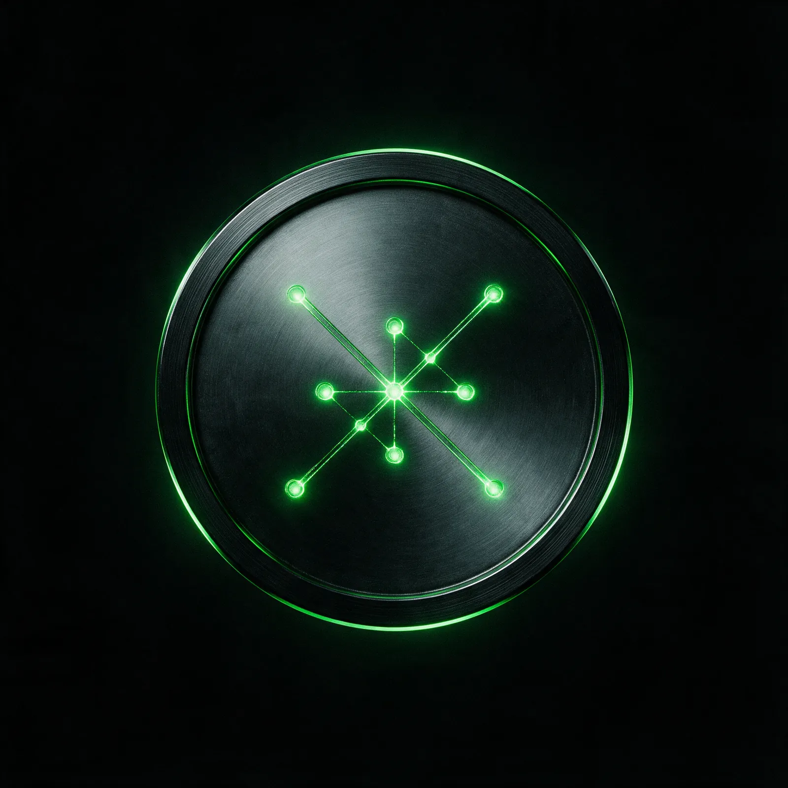 The $DROR token: a dark machined disc with the Aleph node-graph glowing in its face.